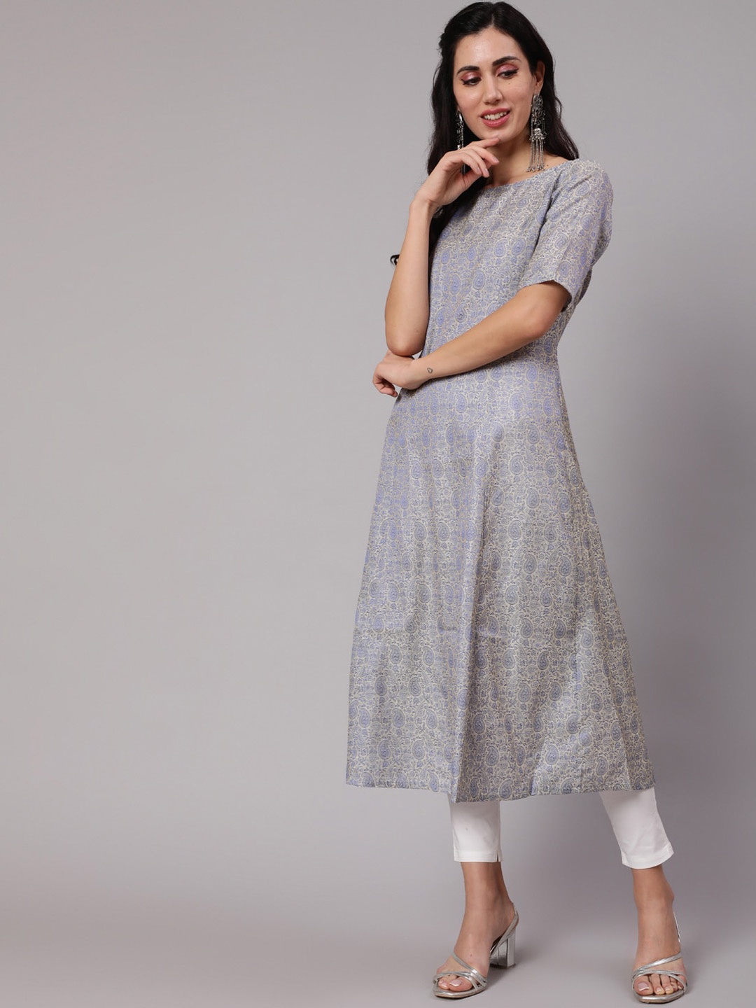 

AKS Ethnic Motif Woven Design Jacquard A-Line Kurta, Grey
