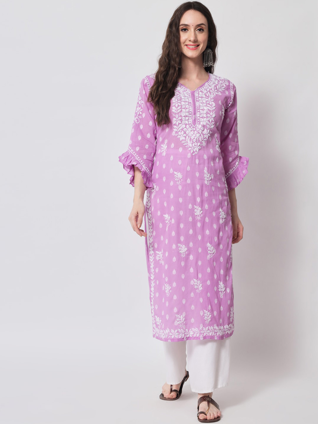 

Ethnava Floral Embroidered Flared Sleeves Cotton Regular Kurta, Purple