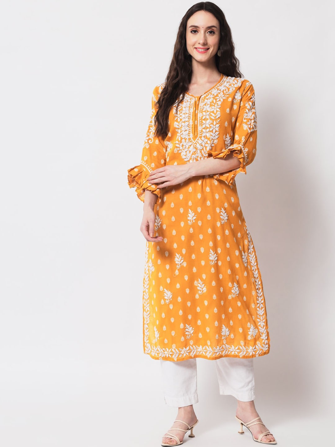 

Ethnava Floral Embroidered Flared Sleeves Cotton Regular Kurta, Mustard
