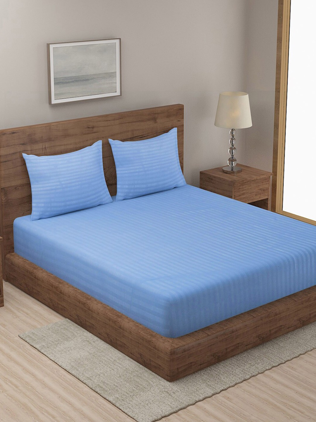 

KLOTTHE Blue Striped 300 TC Double King Bedsheet With 2 Pillow Covers