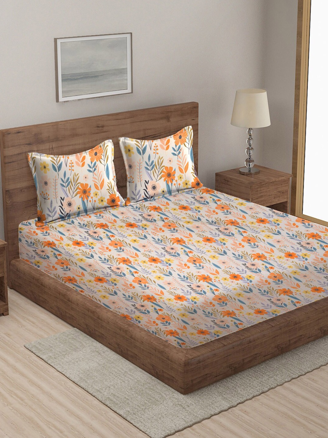 

KLOTTHE White & Orange Floral Printed 300 TC Double Bedsheet With 2 Pillow Covers