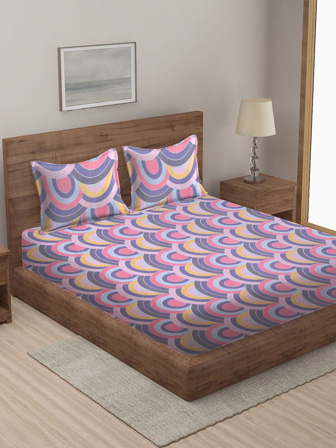 

KLOTTHE Purple & Pink Geometric-Printed 300 TC Double Bedsheet With 2 Pillow Covers