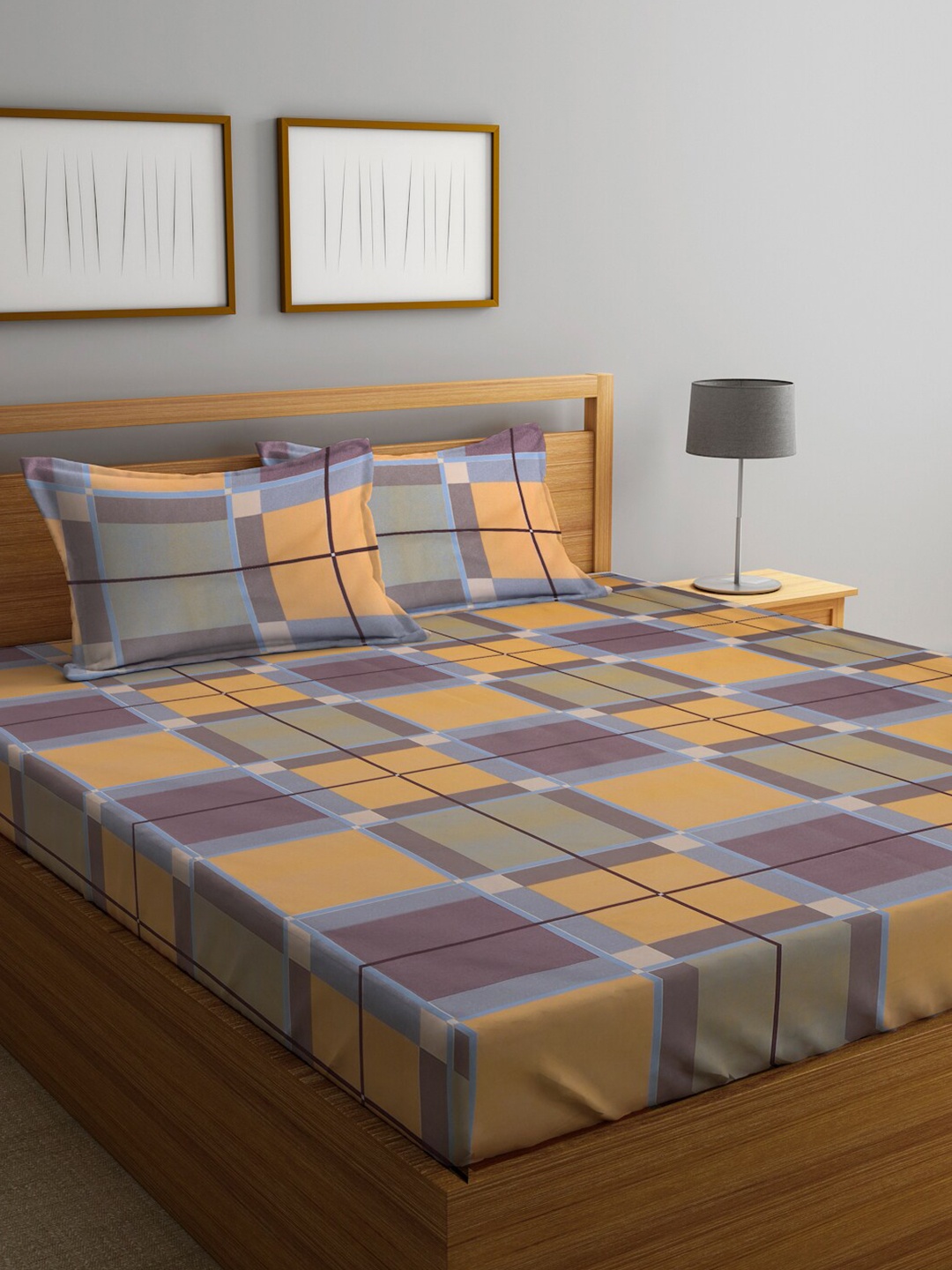 

KLOTTHE Grey & Yellow Geometric Printed 300 TC Double Bedsheet With 2 Pillow Covers