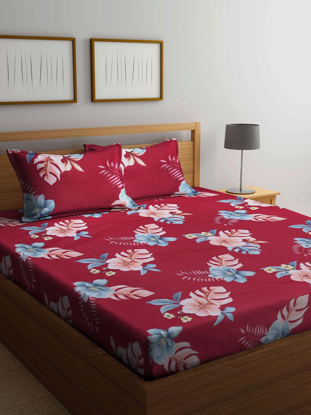 

KLOTTHE Maroon & Blue Floral-Printed 300 TC Double Bedsheet With 2 Pillow Covers