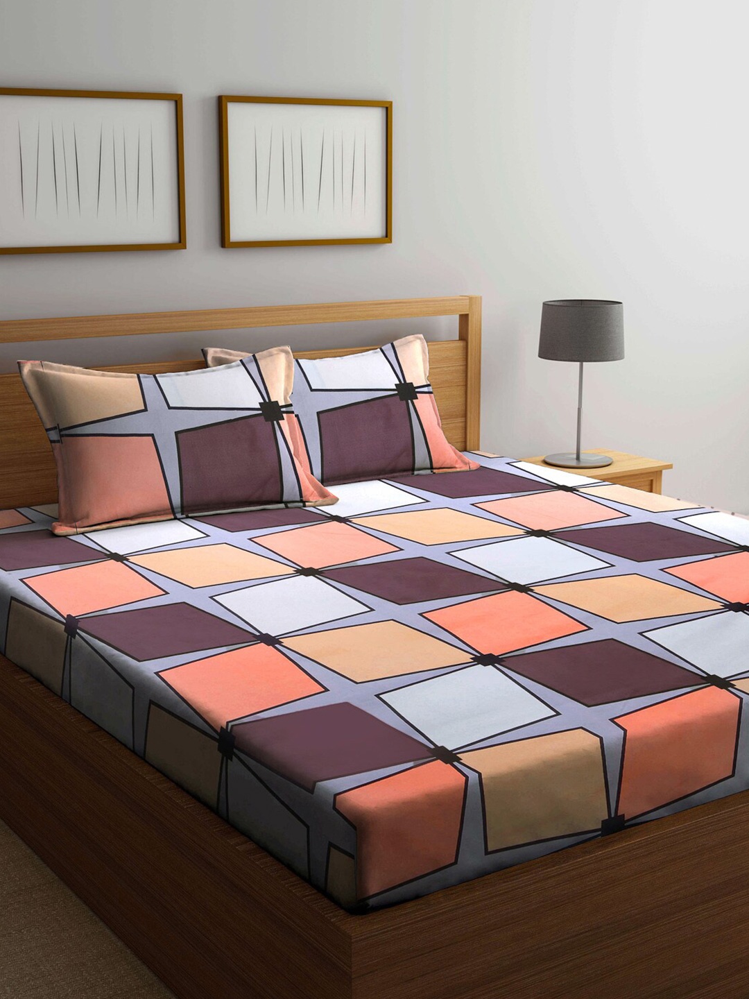 

KLOTTHE Geometric Cotton Blend 300 TC King Bedsheet With 2 Pillow Cover, Brown
