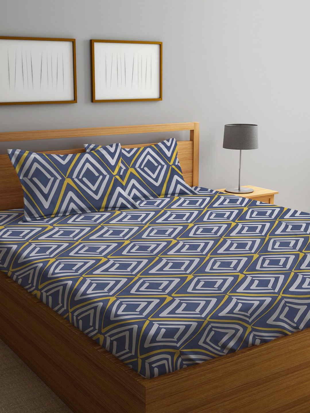 

KLOTTHE Geometric Cotton Blend 300 TC King Bedsheet With 2 Pillow Cover, Blue