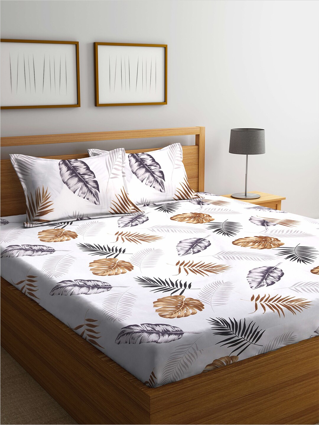 

KLOTTHE White & Brown Floral Printed Cotton Blend 300 TC King Bedsheet With 2 Pillow Cover