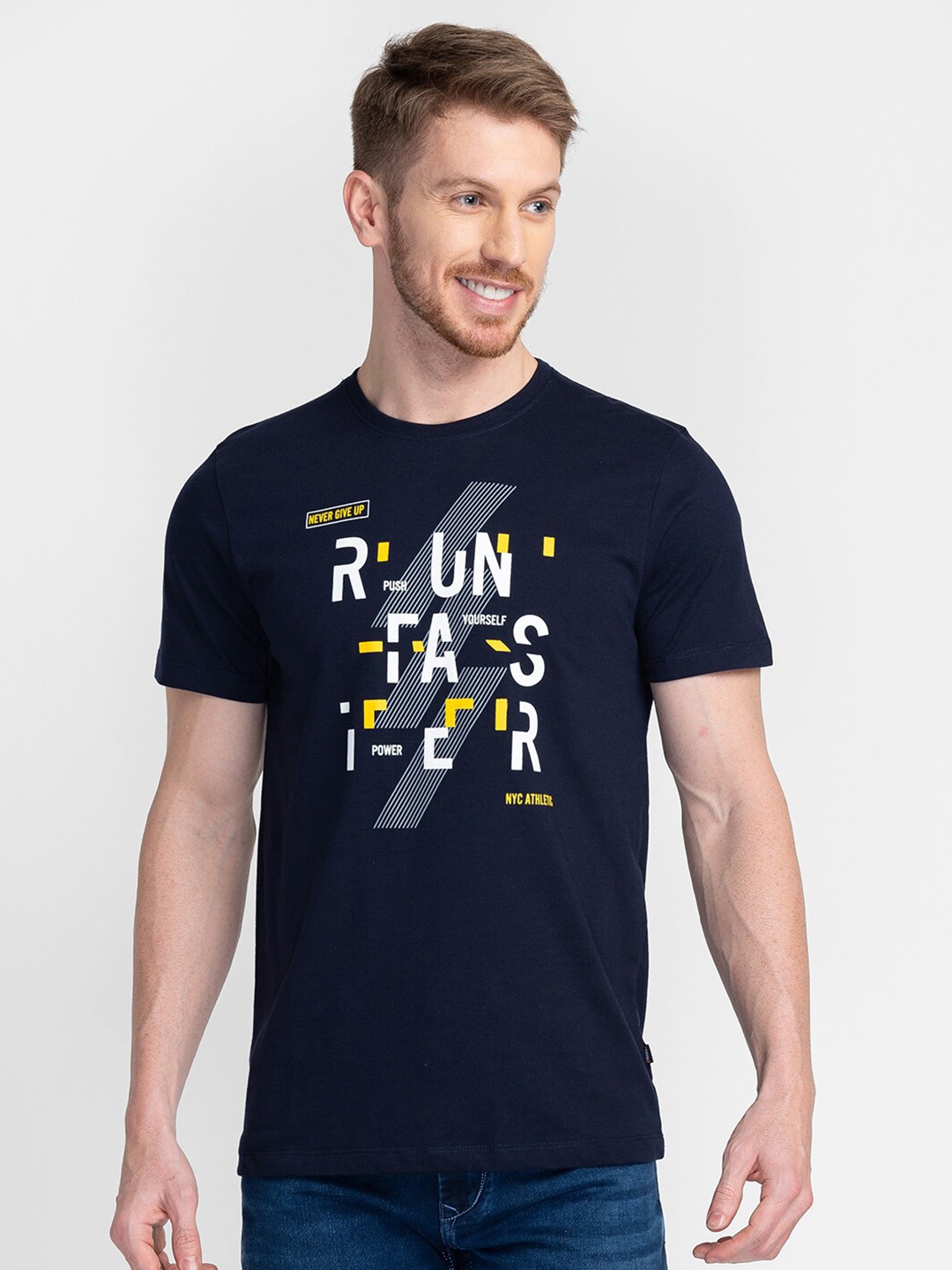 

TESSIO Typography Printed Cotton T-shirt, Navy blue