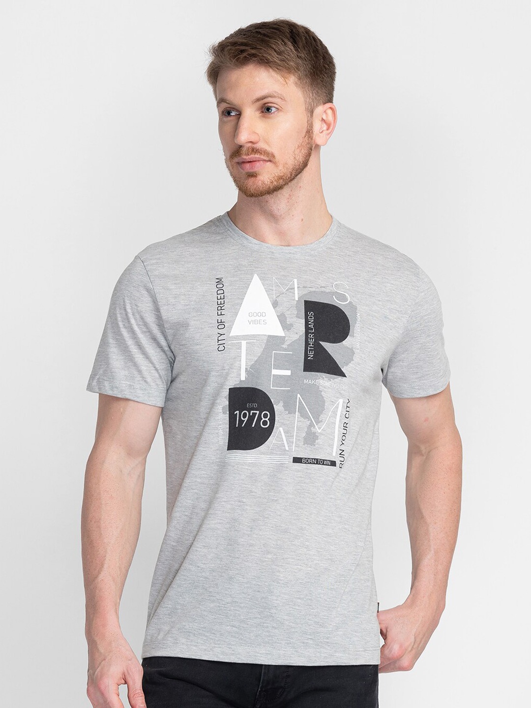 

TESSIO Typography Printed Cotton T-shirt, Grey