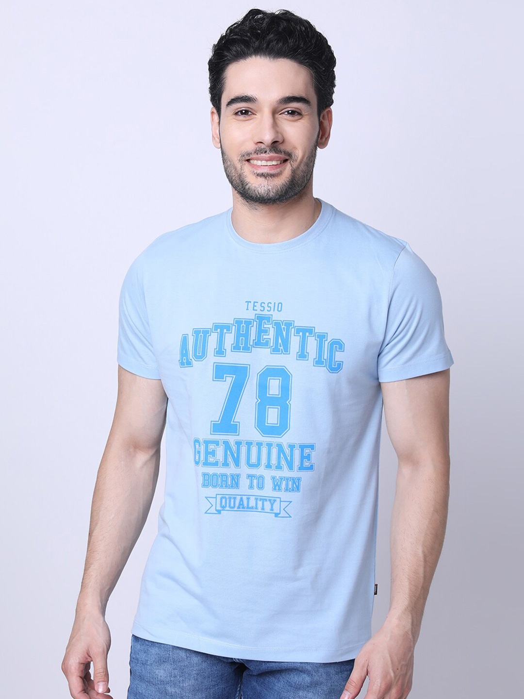 TESSIO Typography Printed Cotton T-Shirt, Blue