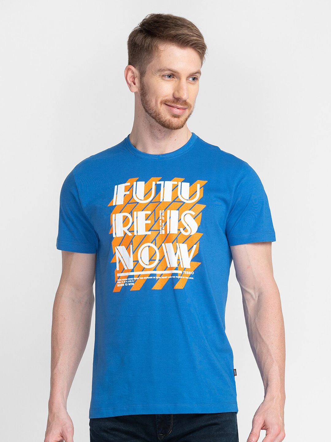 

TESSIO Typography Printed Cotton T-Shirt, Blue