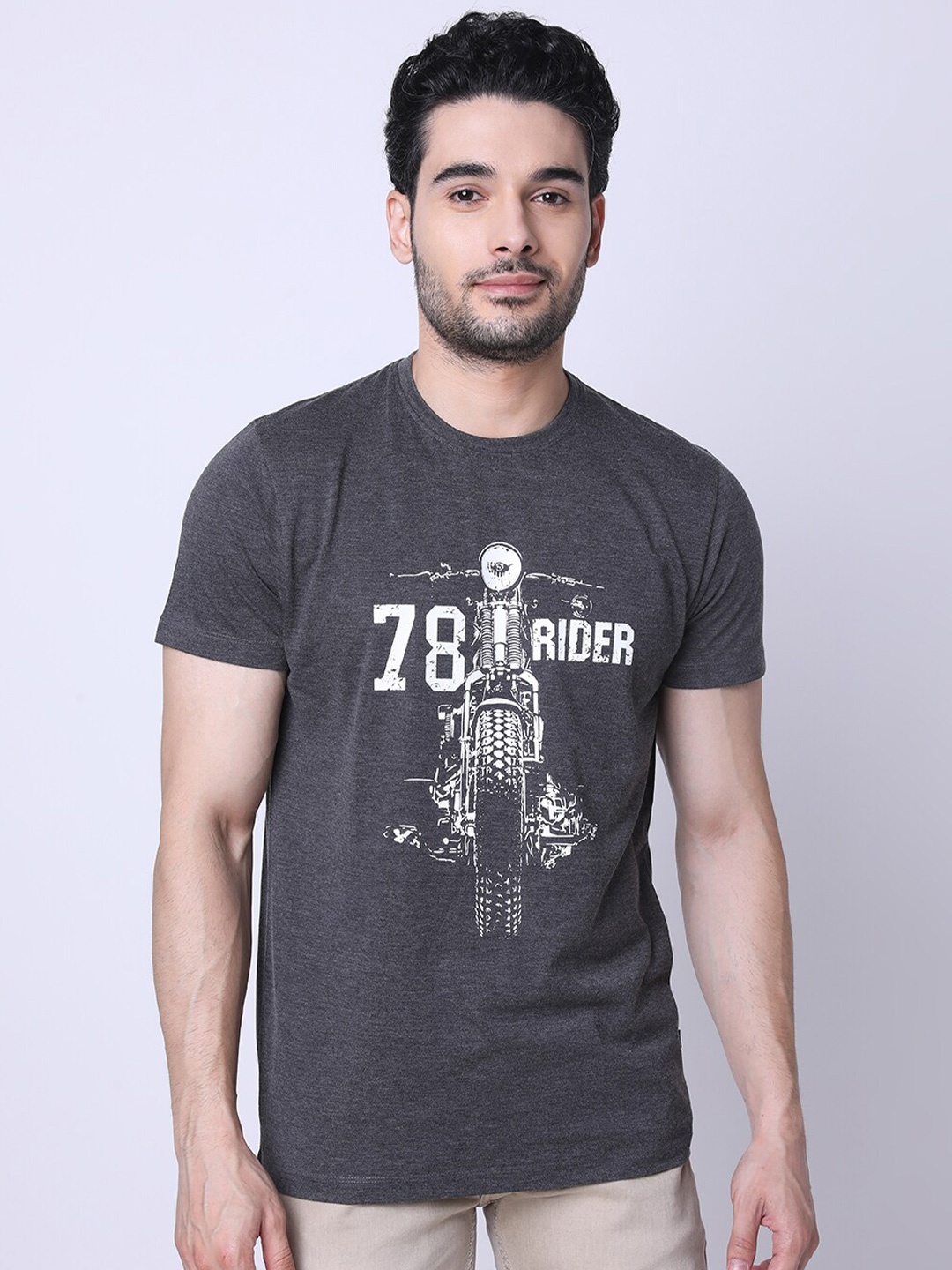 

TESSIO Biker Printed Cotton T-Shirt, Grey