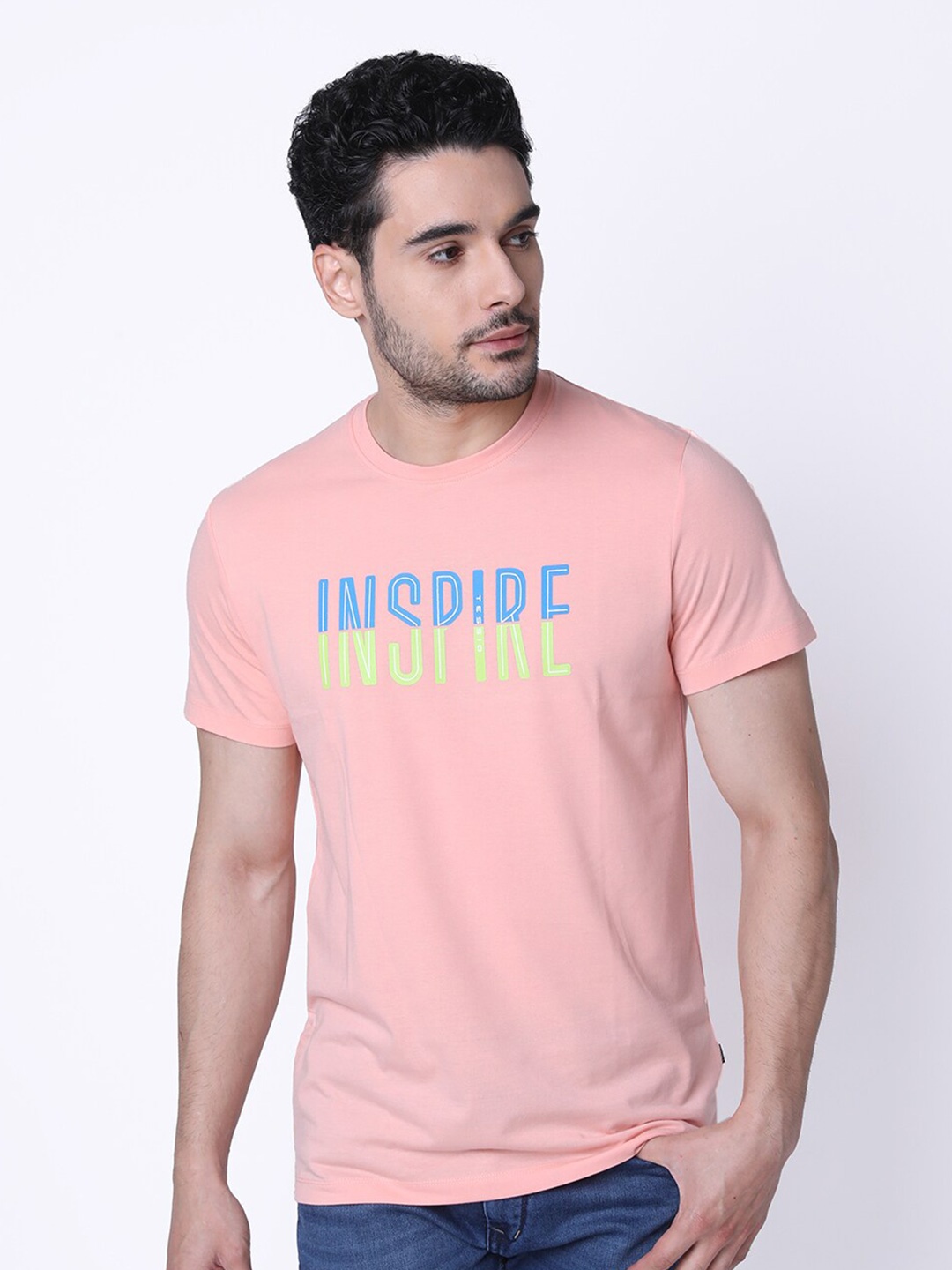 TESSIO Typography Printed Cotton T-shirt, Peach