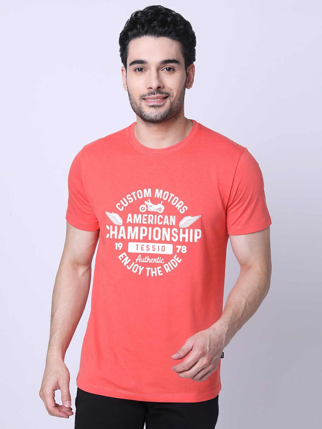 TESSIO Typography Printed Cotton T-shirt, Orange