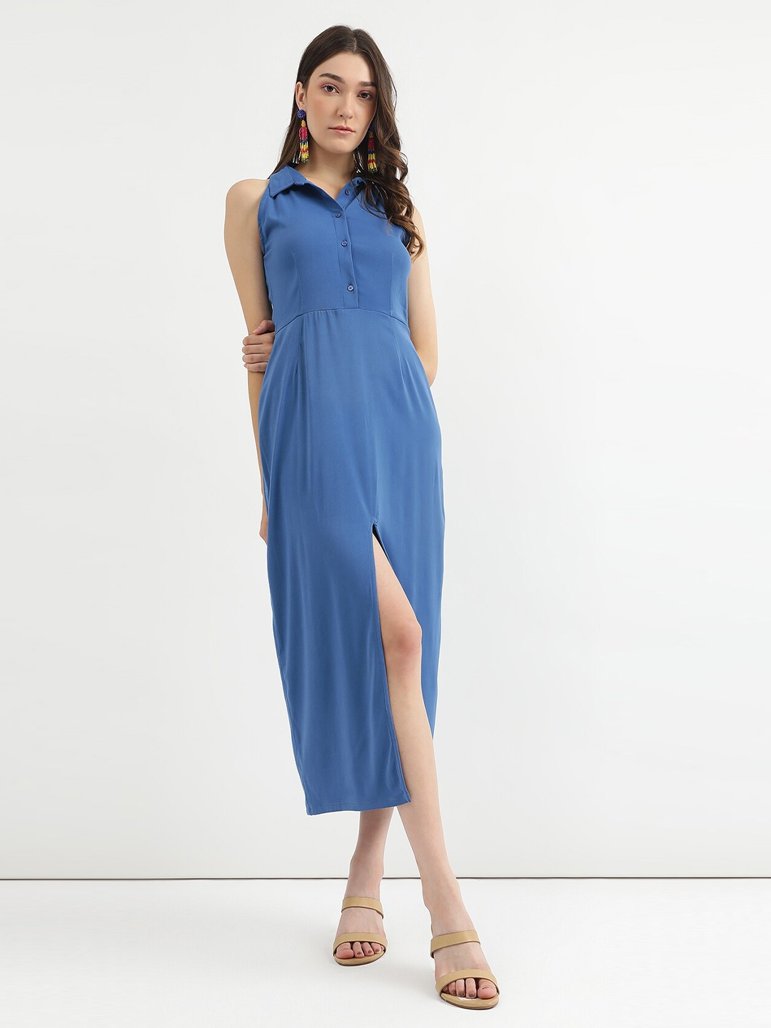 

Virgio Shirt Collar Sleeveless Sheath Midi Dress, Blue