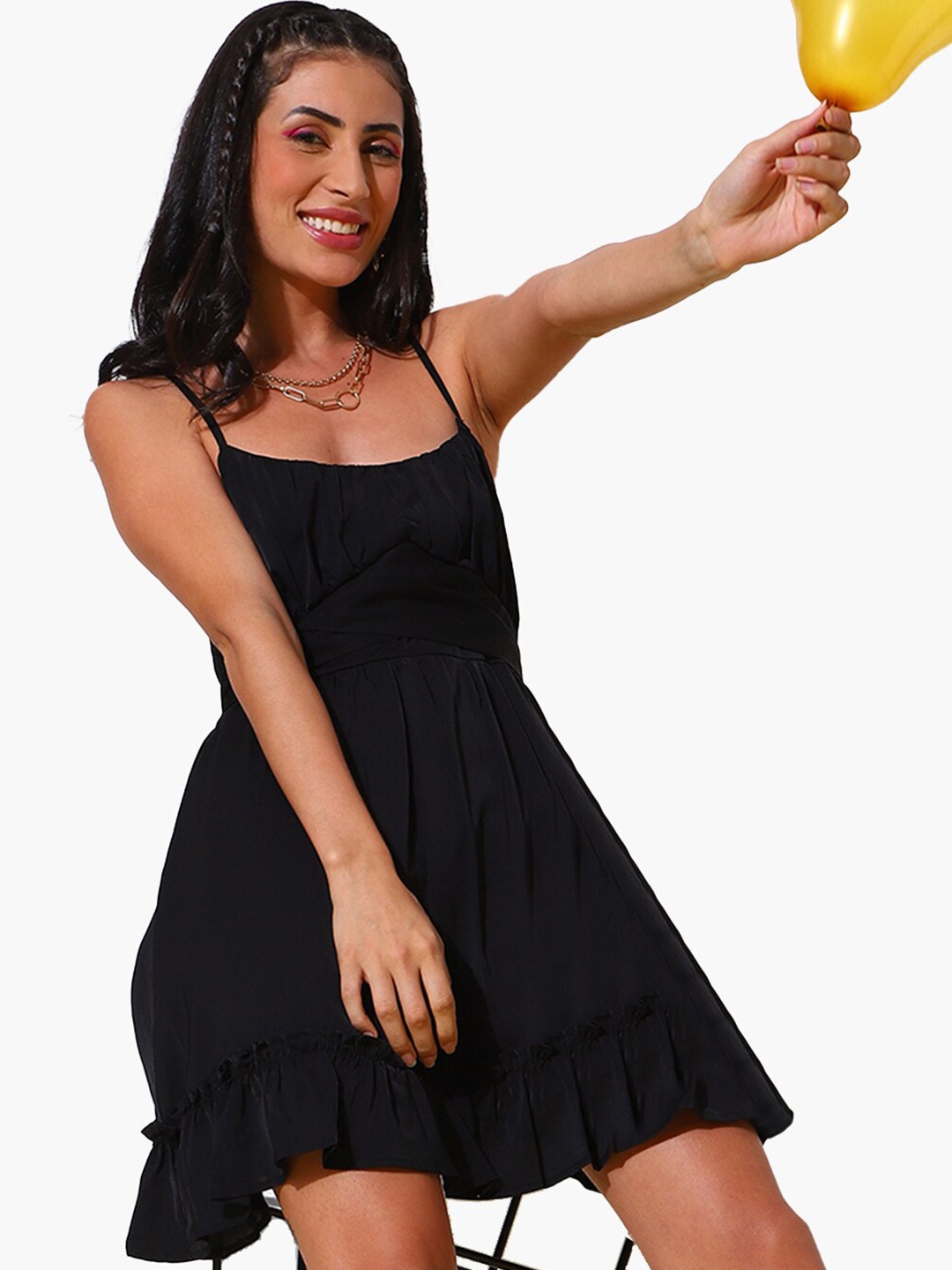 

Virgio Shoulder Strap Gathered A-Line Dress, Black