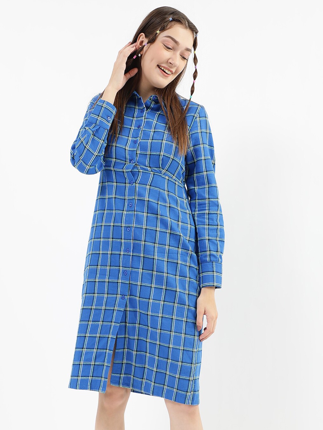 

Virgio Checked Shirt Collar Cuffed Sleeves Cotton Sheath Dress, Blue