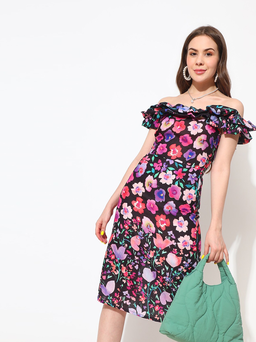 

Virgio Floral Printed Off-Shoulder Flutter Sleeve Cotton A-Line Dress, Black