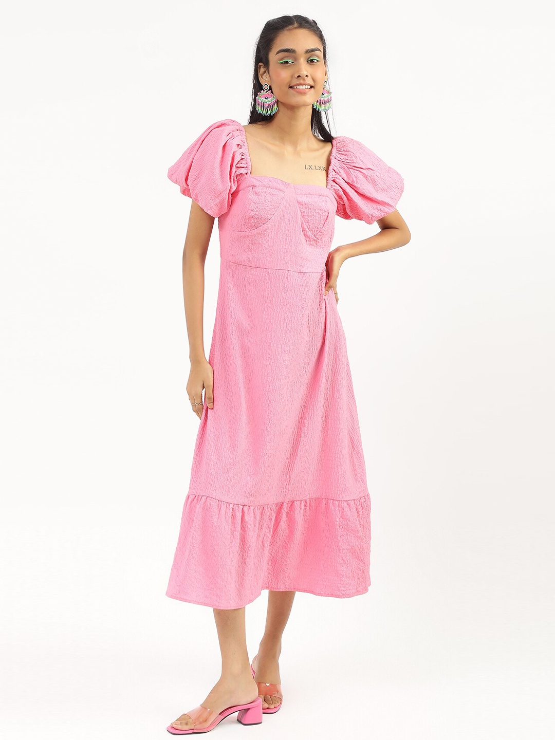 

Virgio Puff Sleeves A-Line Midi Dress, Pink