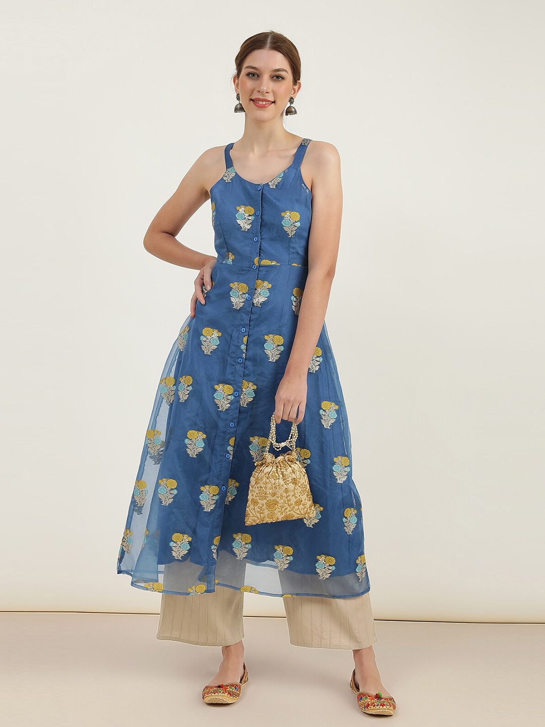 

Virgio Floral Printed V-Neck A-Line Kurtas, Blue