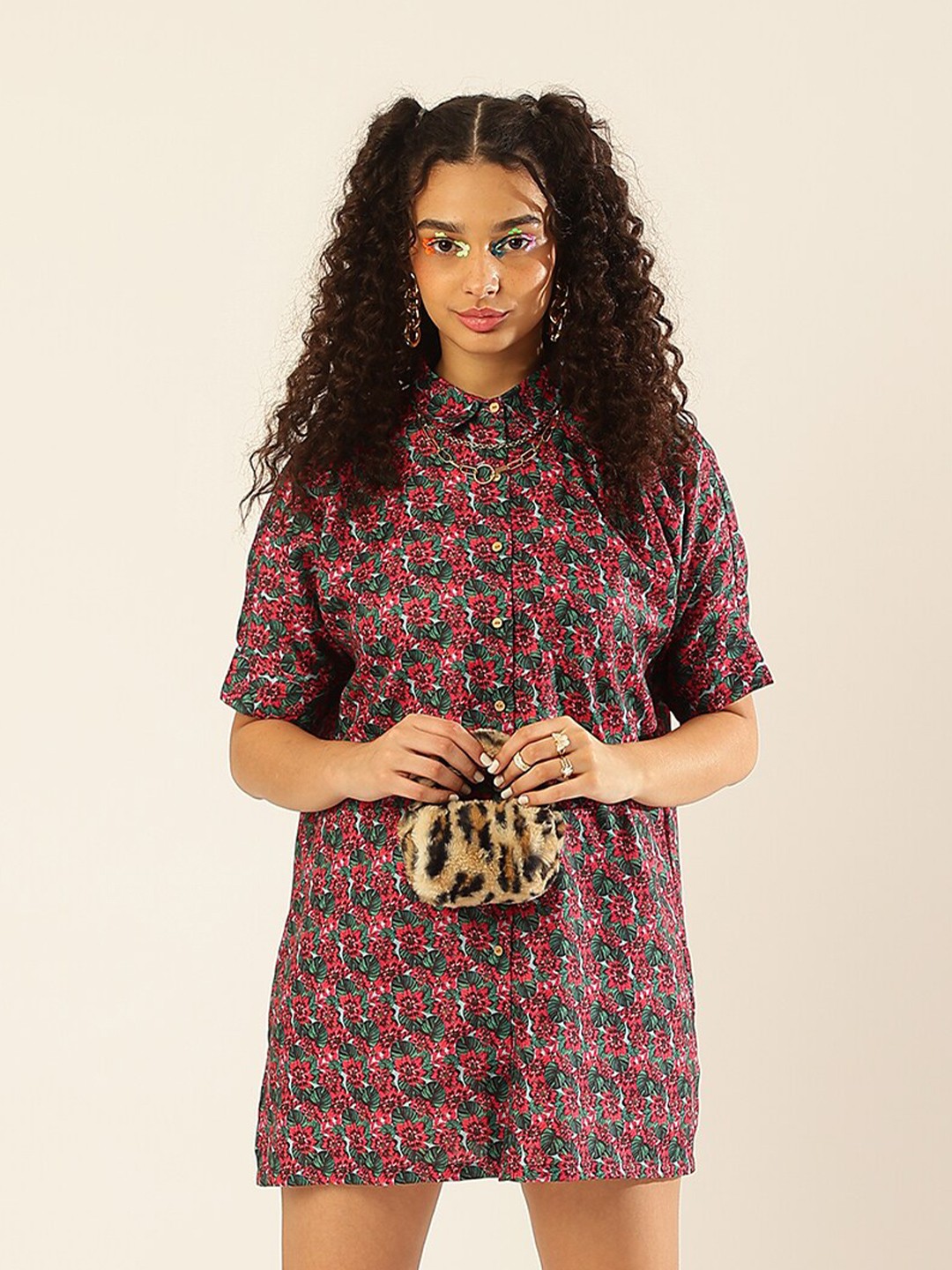 

Virgio Ethnic Motifs Printed Shirt Collar Cotton A-Line Dress, Blue