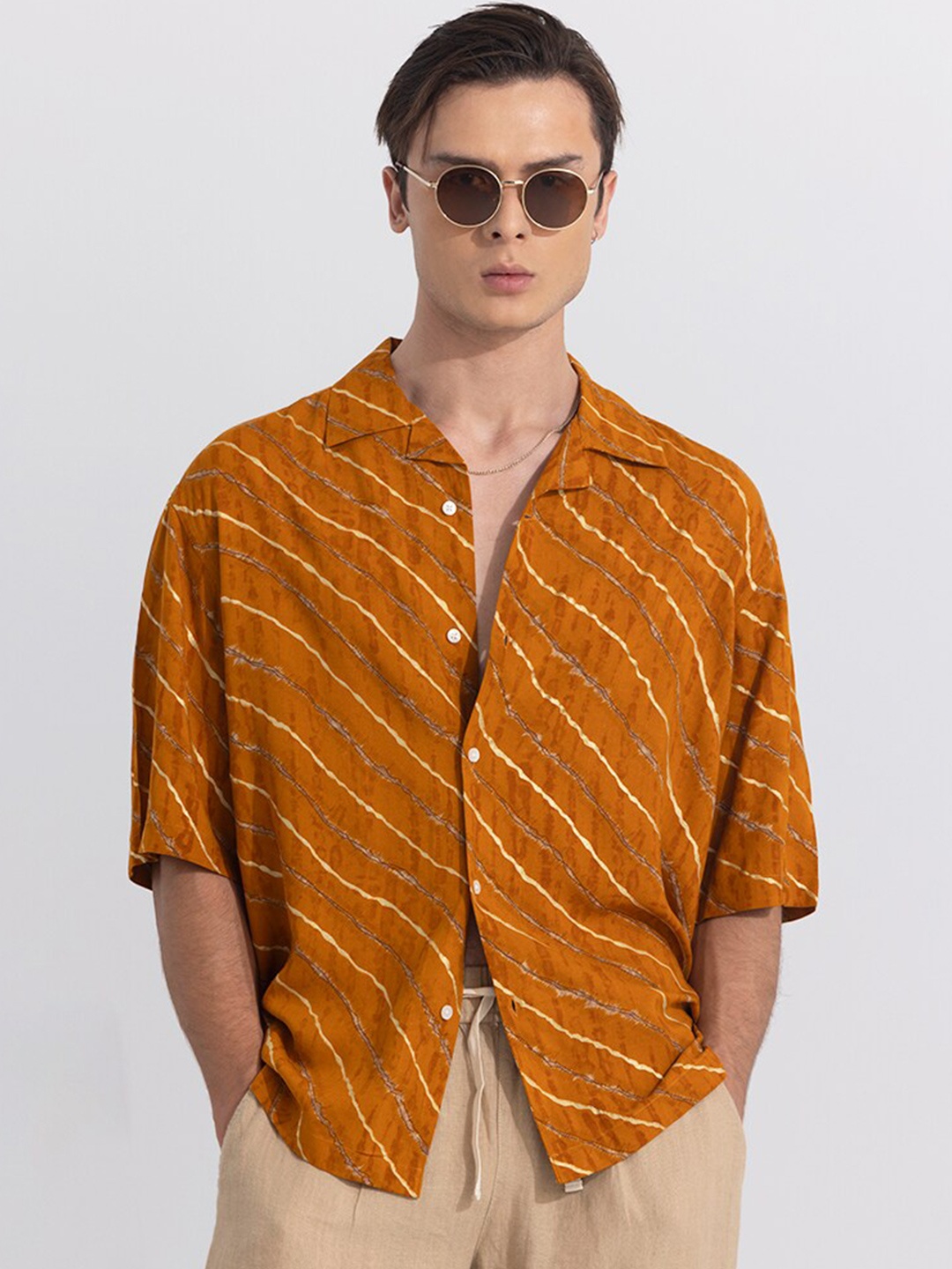 

Snitch Yellow Classic Spread Collar Abstract Printed Casual Shirt, Mustard