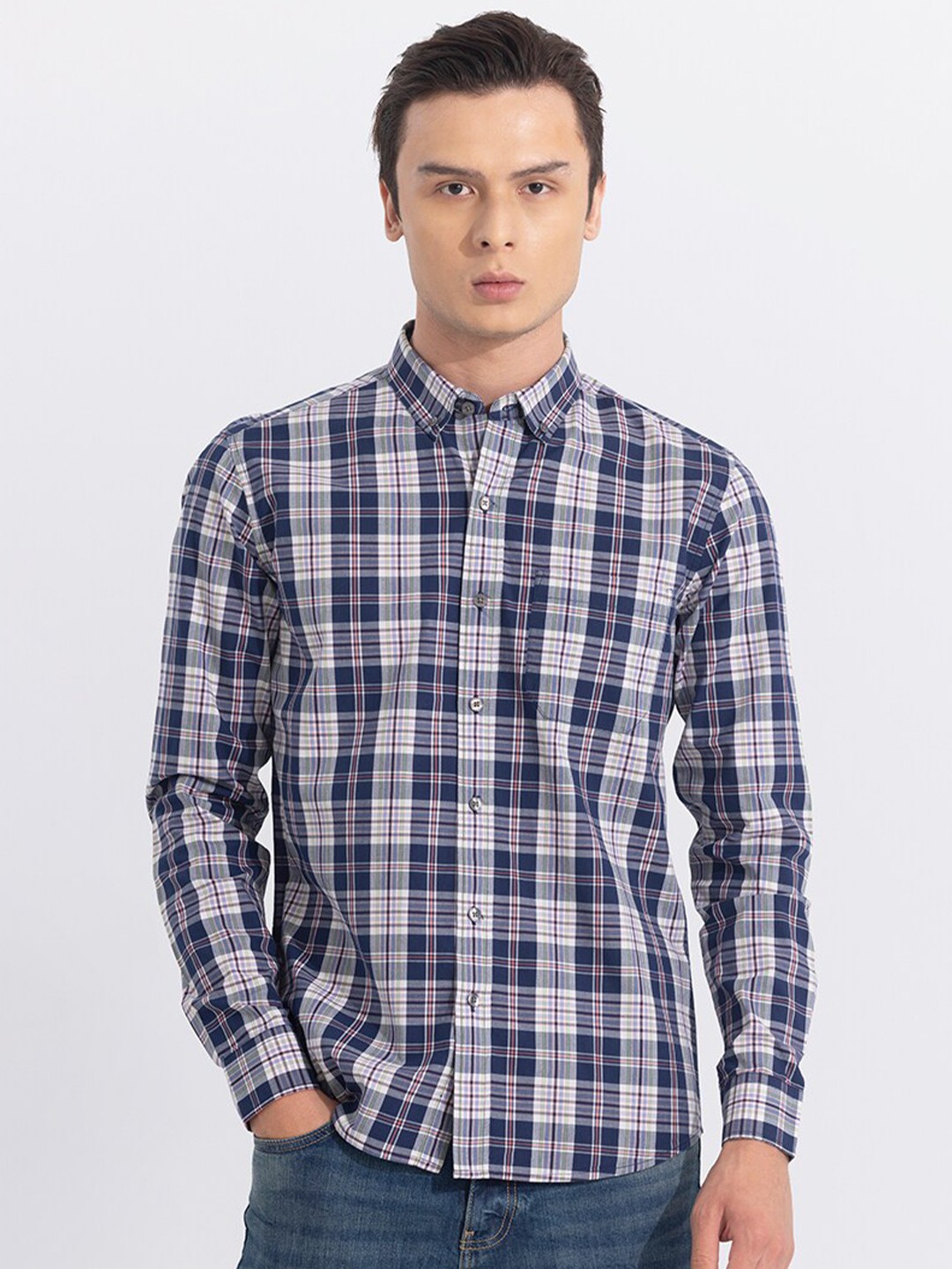 

Snitch Blue Classic Button Down Collar Slim Fit Tartan Checks Cotton Casual Shirt