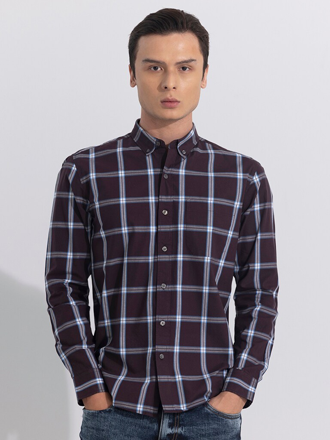 

Snitch Classic Slim Fit Windowpane Checked Pure Cotton Casual Shirt, Purple