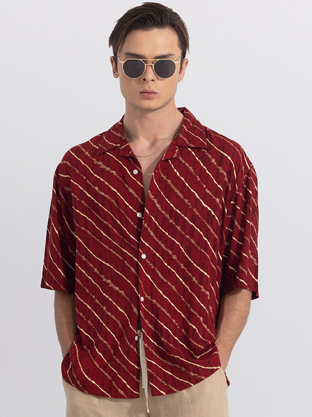 

Snitch Maroon Striped Classic Opaque Oversized Casual Shirt