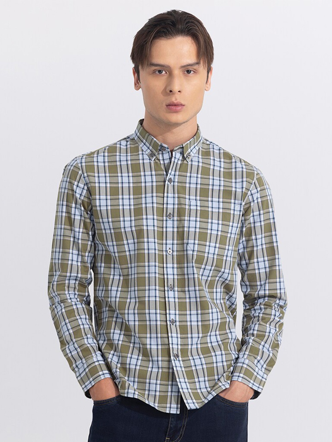 

Snitch Blue Classic Slim Fit Tartan Checked Pure Cotton Casual Shirt, Green