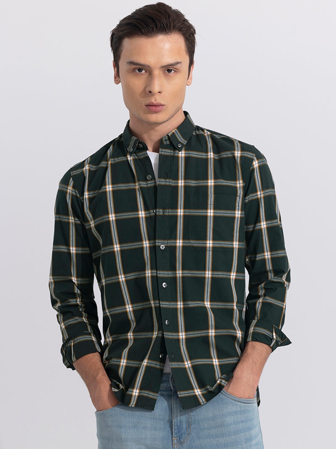 

Snitch Blue Classic Slim Fit Tartan Checked Pure Cotton Casual Shirt, Black