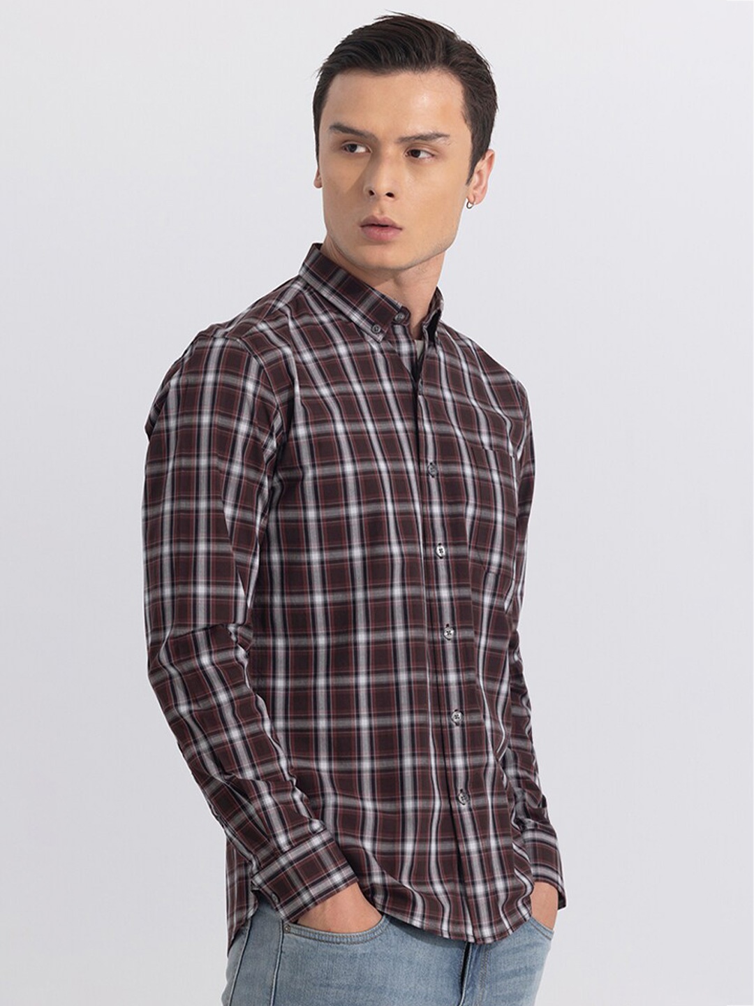 

Snitch Blue Classic Slim Fit Tartan Checked Pure Cotton Casual Shirt, Brown