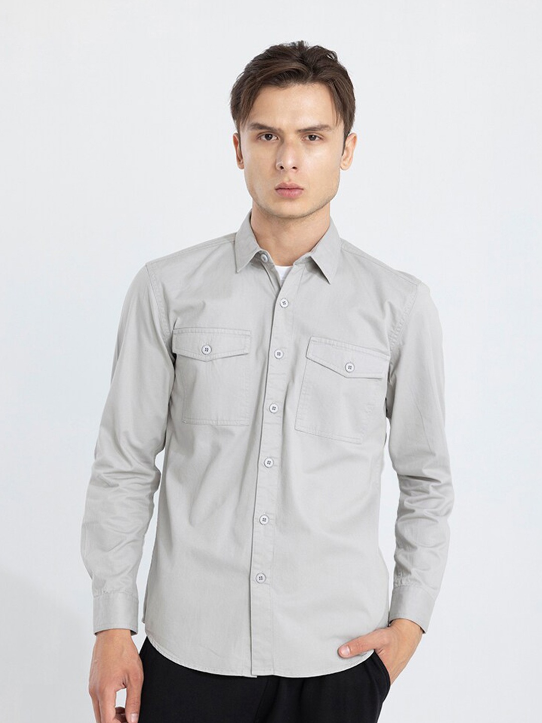 

Snitch Classic Slim Fit Spread Collar Pure Cotton Casual Shirt, Grey