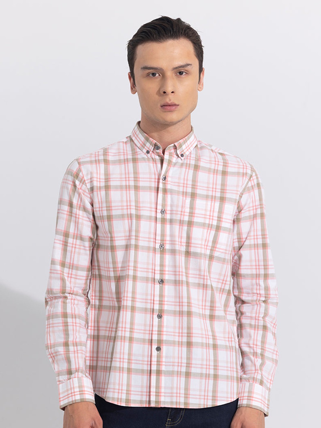 

Snitch Blue Classic Slim Fit Tartan Checked Pure Cotton Casual Shirt, Orange