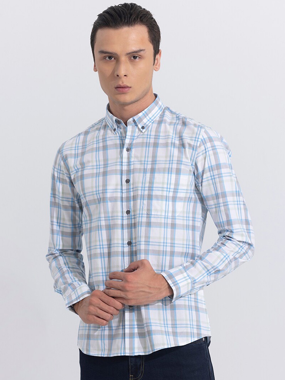 

Snitch Blue Classic Slim Fit Tartan Checked Pure Cotton Casual Shirt, White