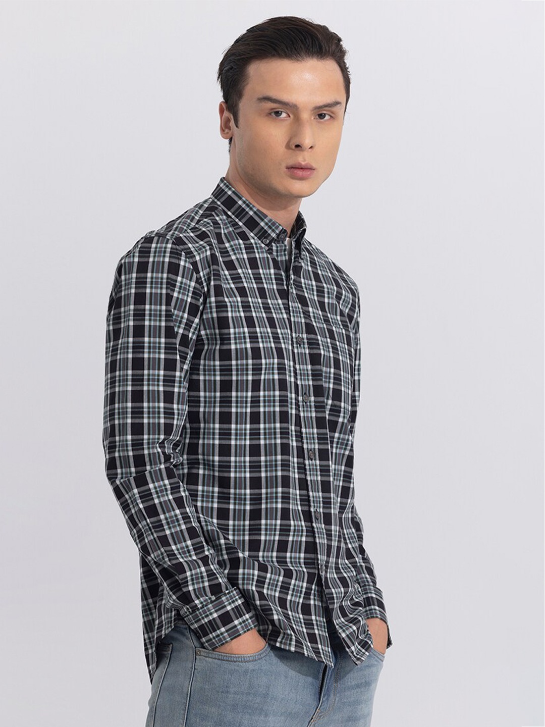

Snitch Blue Classic Slim Fit Tartan Checked Pure Cotton Casual Shirt, Black