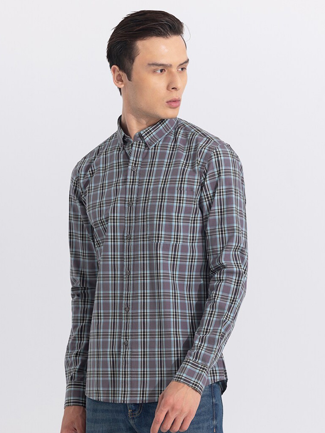 

Snitch Blue Classic Slim Fit Tartan Checked Pure Cotton Casual Shirt, Grey