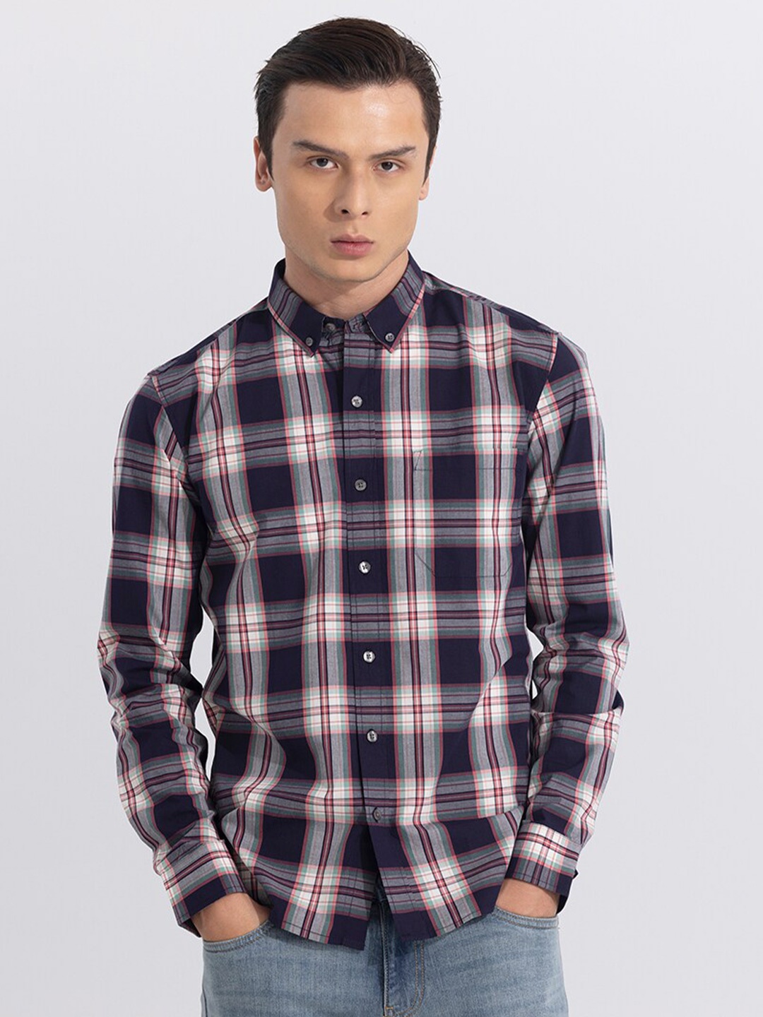 

Snitch Classic Slim Fit Tartan Checked Pure Cotton Casual Shirt, Purple