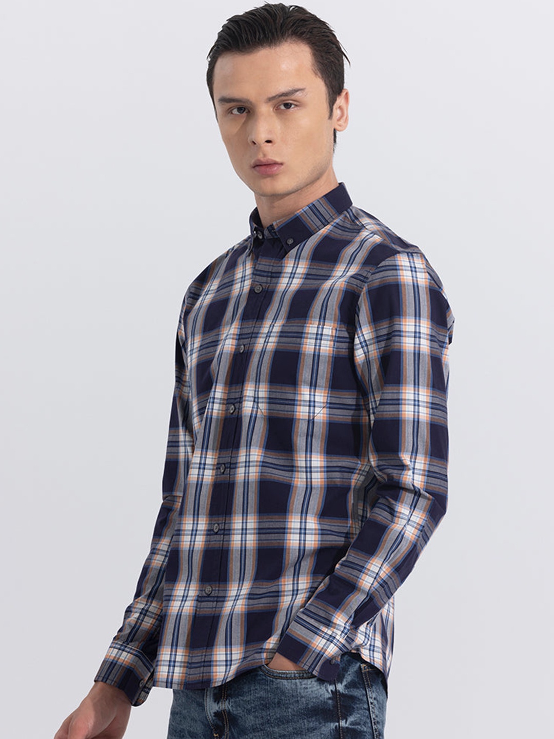 

Snitch Blue Classic Slim Fit Tartan Checked Pure Cotton Casual Shirt