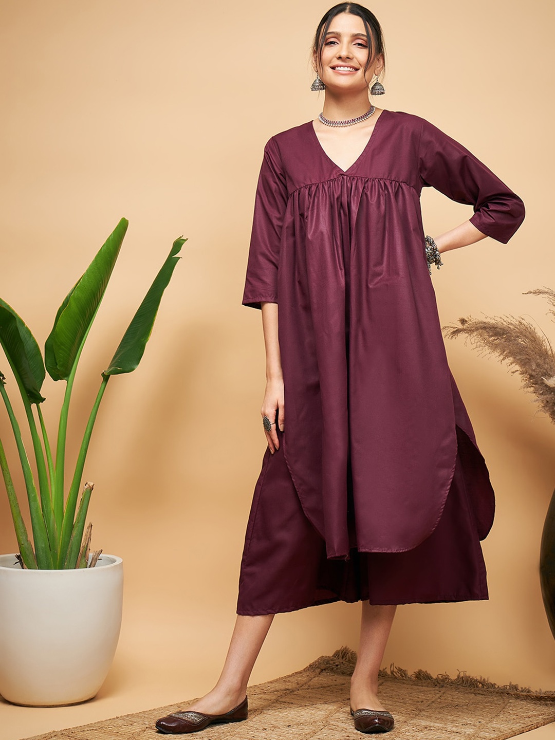 

InWeave Cotton V-Neck Pleated A-Line Kurta, Purple