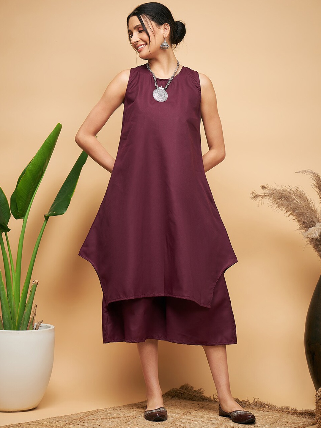 

InWeave Cotton Sleeveless Asymmetric A-Line Kurta, Purple