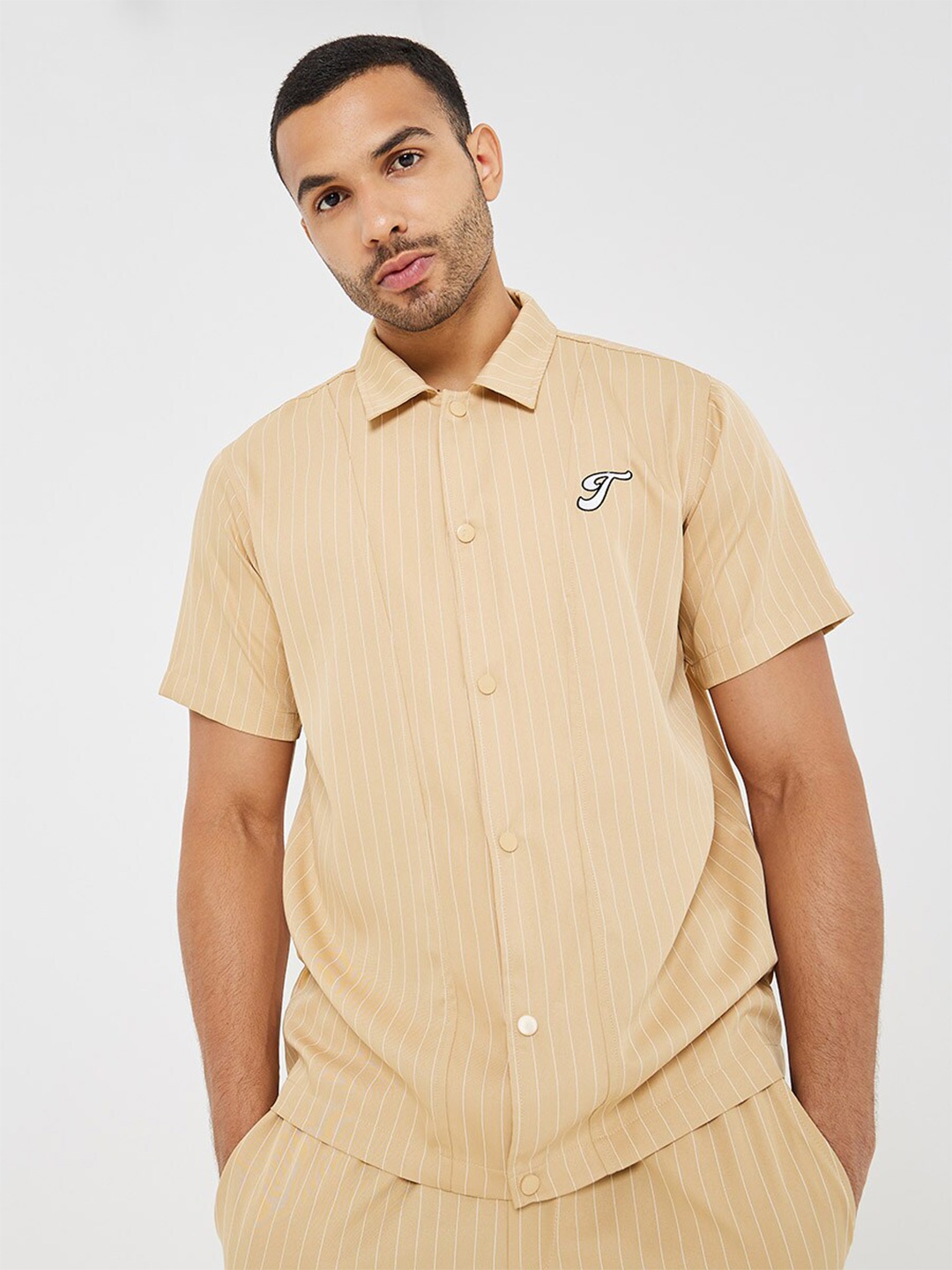 

Styli Striped Relaxed Fit Shirt With Applique Detail, Beige