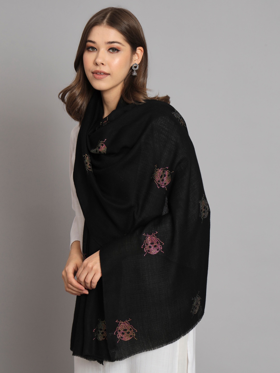 

MODARTA Embroidered Pure Wool Shawl, Black
