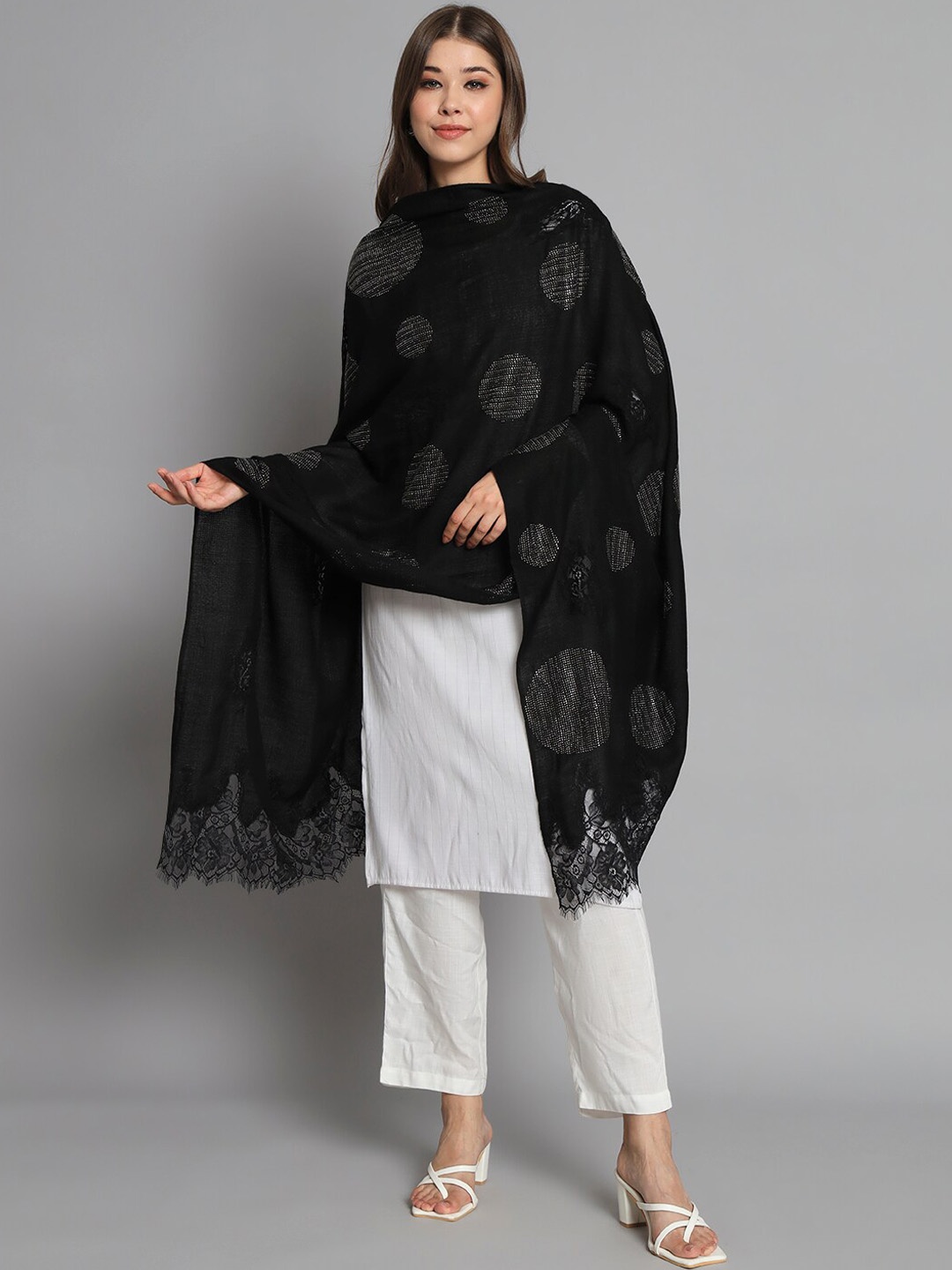 

MODARTA Embroidered Pure Wool Shawl, Black