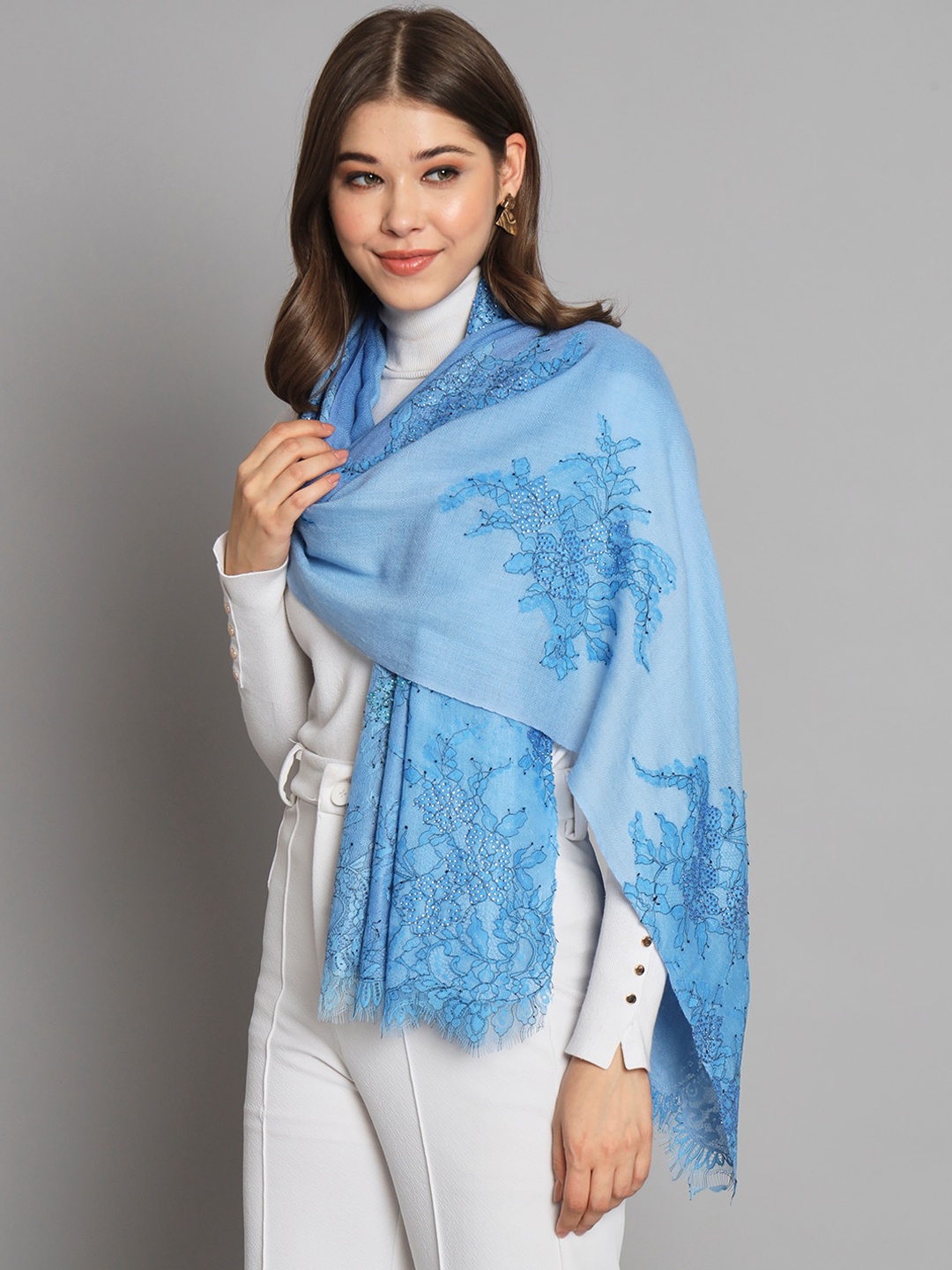 

MODARTA Embroidered Pure Wool Shawl, Blue