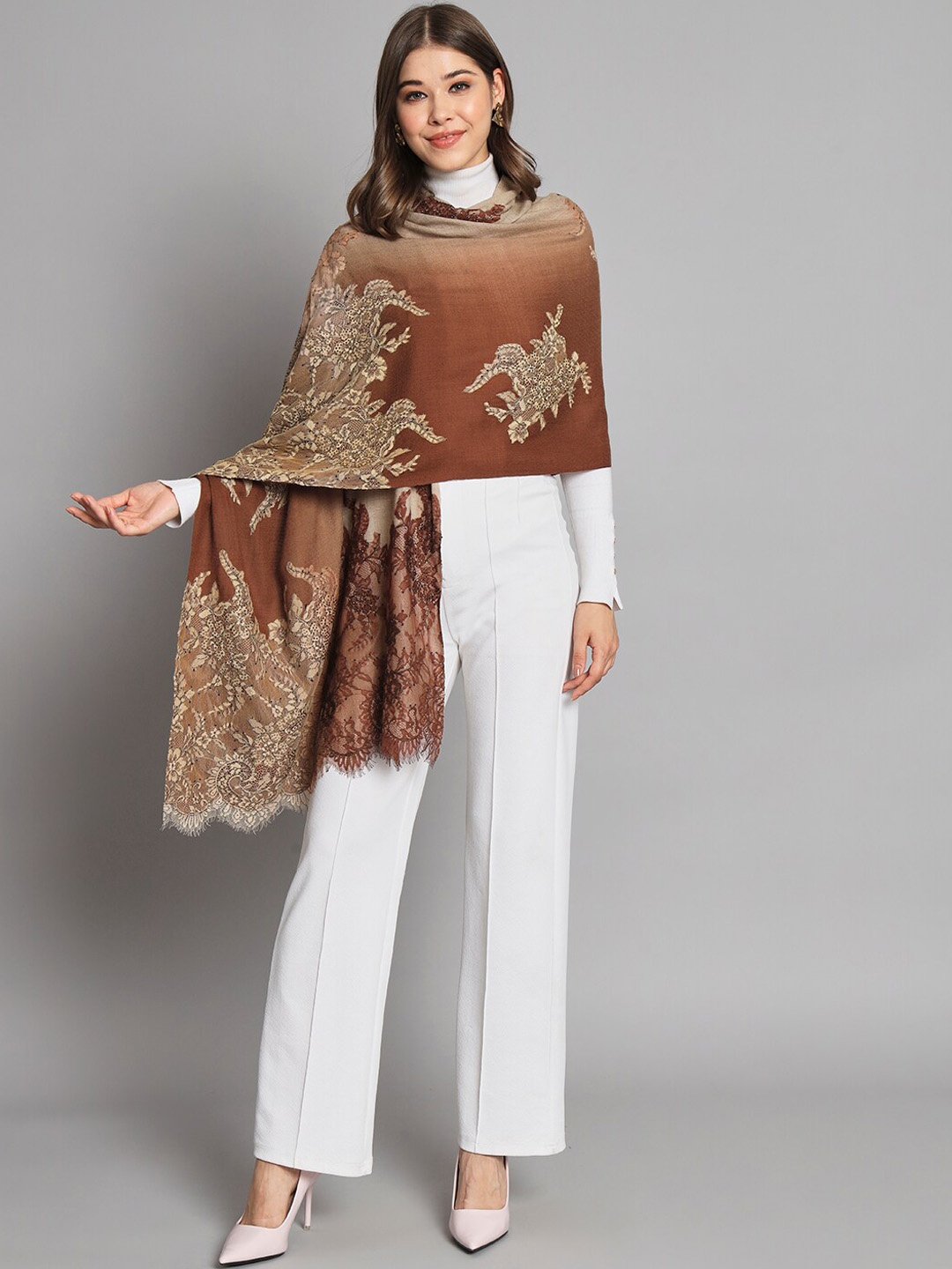 

MODARTA Embroidered Pure Wool Shawl, Brown