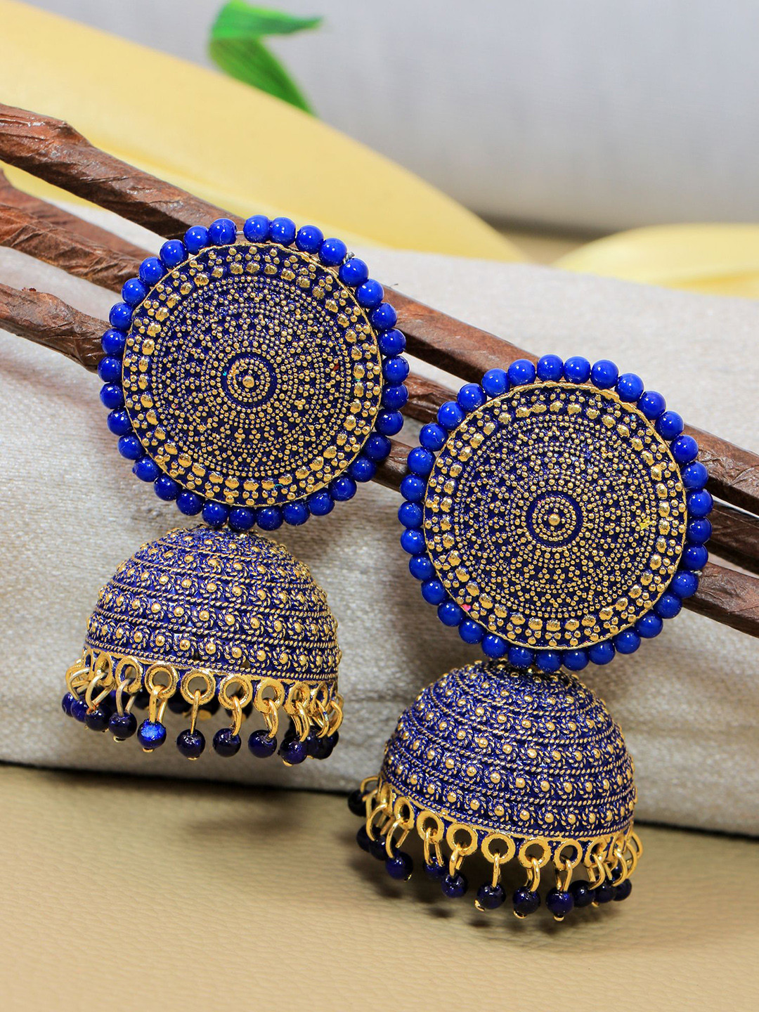 

Crunchy Fashion Gold Plated Dome Shaped Jhumkas, Blue
