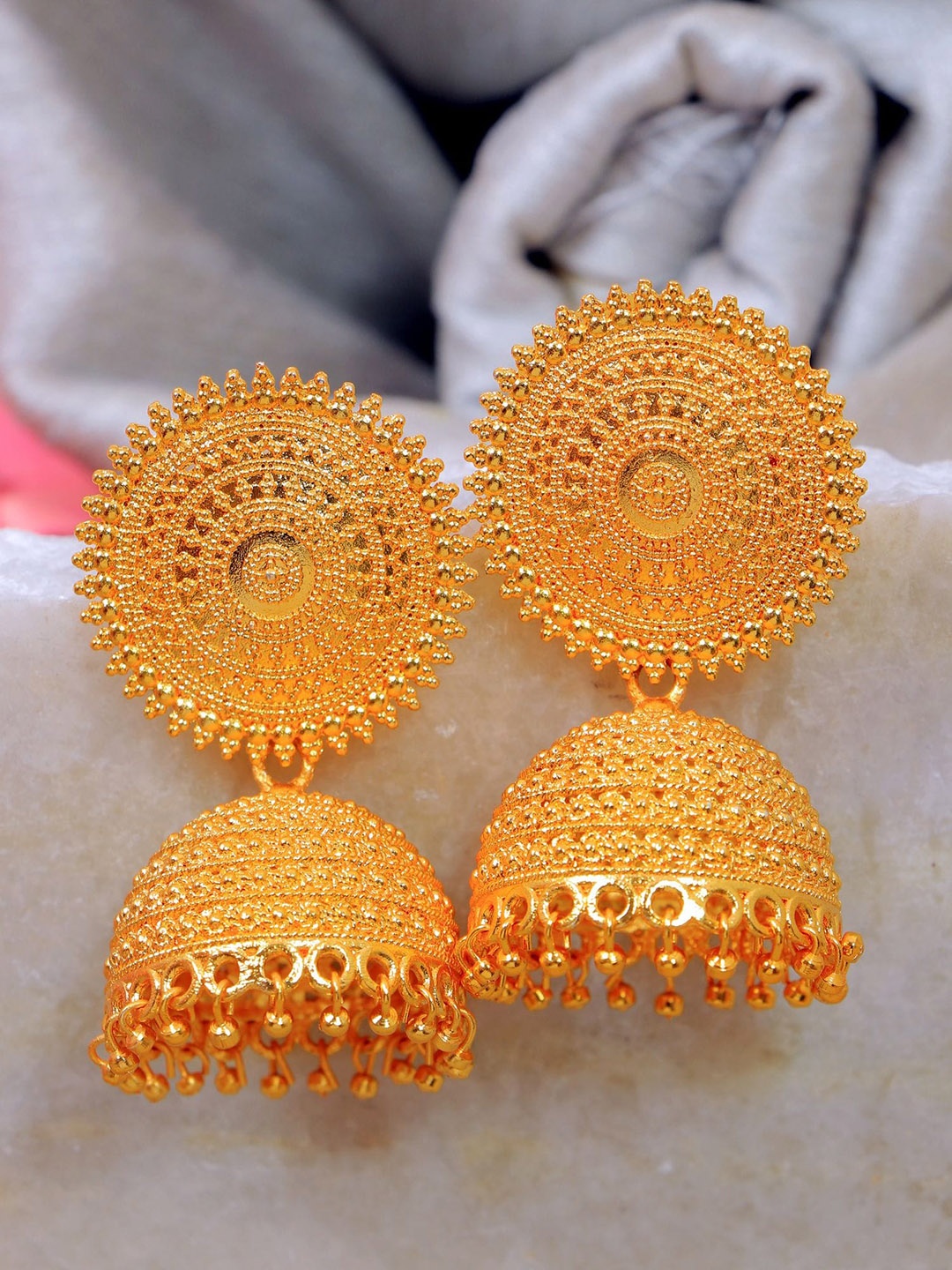 

Crunchy Fashion Gold Plated Dome Shaped Jhumkas