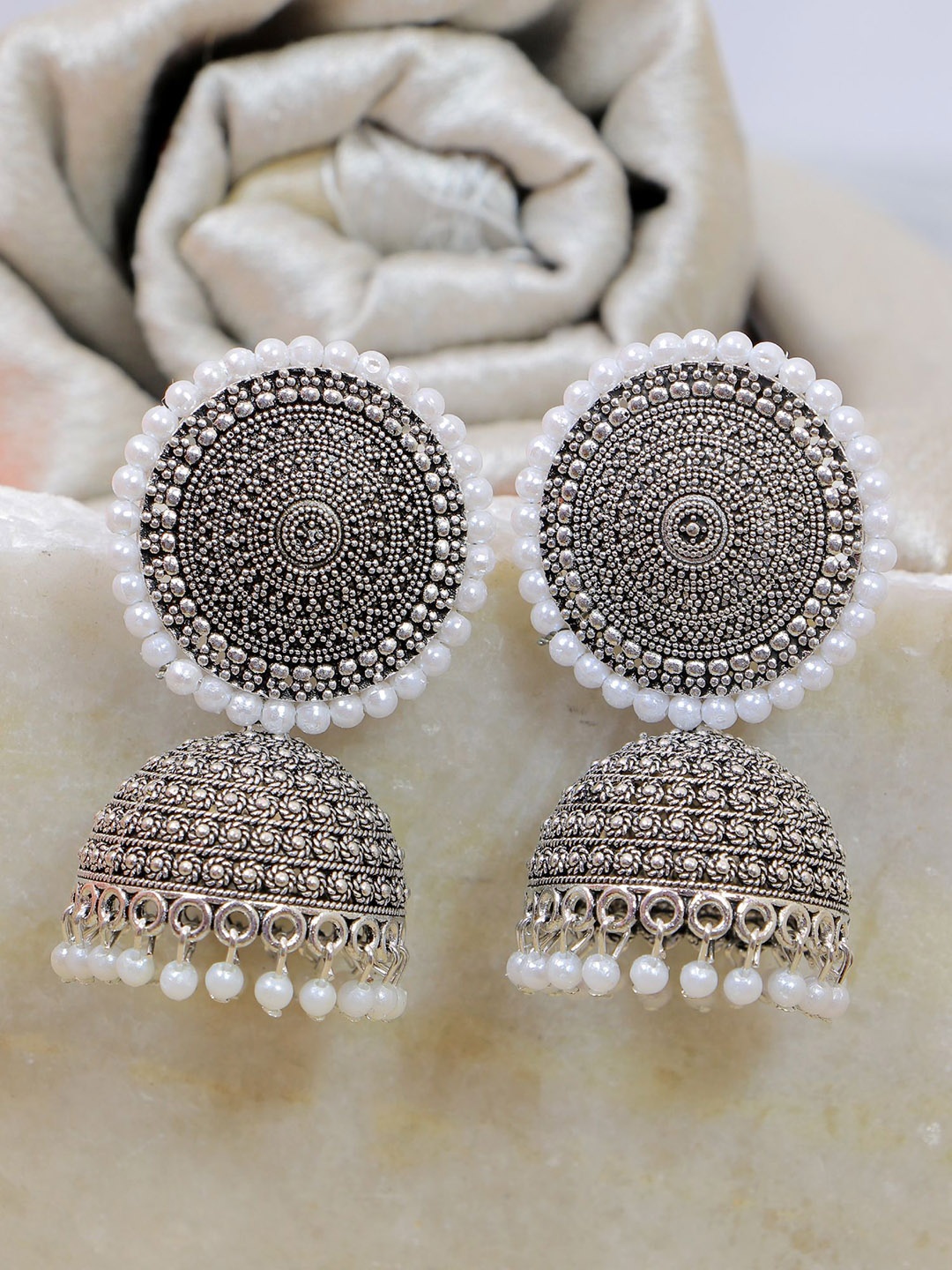 

Crunchy Fashion Silver Plated Beaded Oxidised Dome Shaped Jhumkas