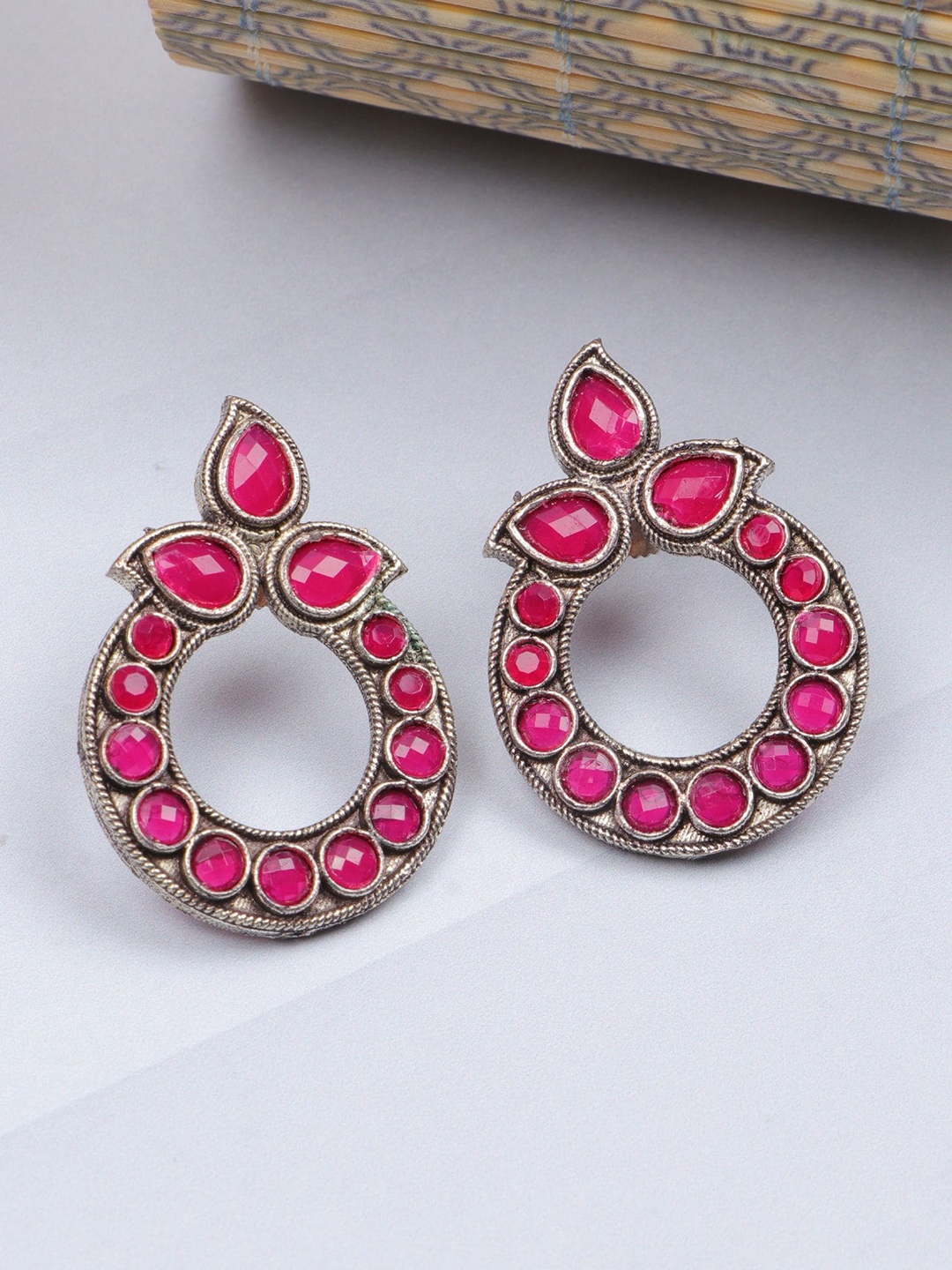 

Crunchy Fashion Silver Plated Stone Studded Oxidized Circular Stud Earrings